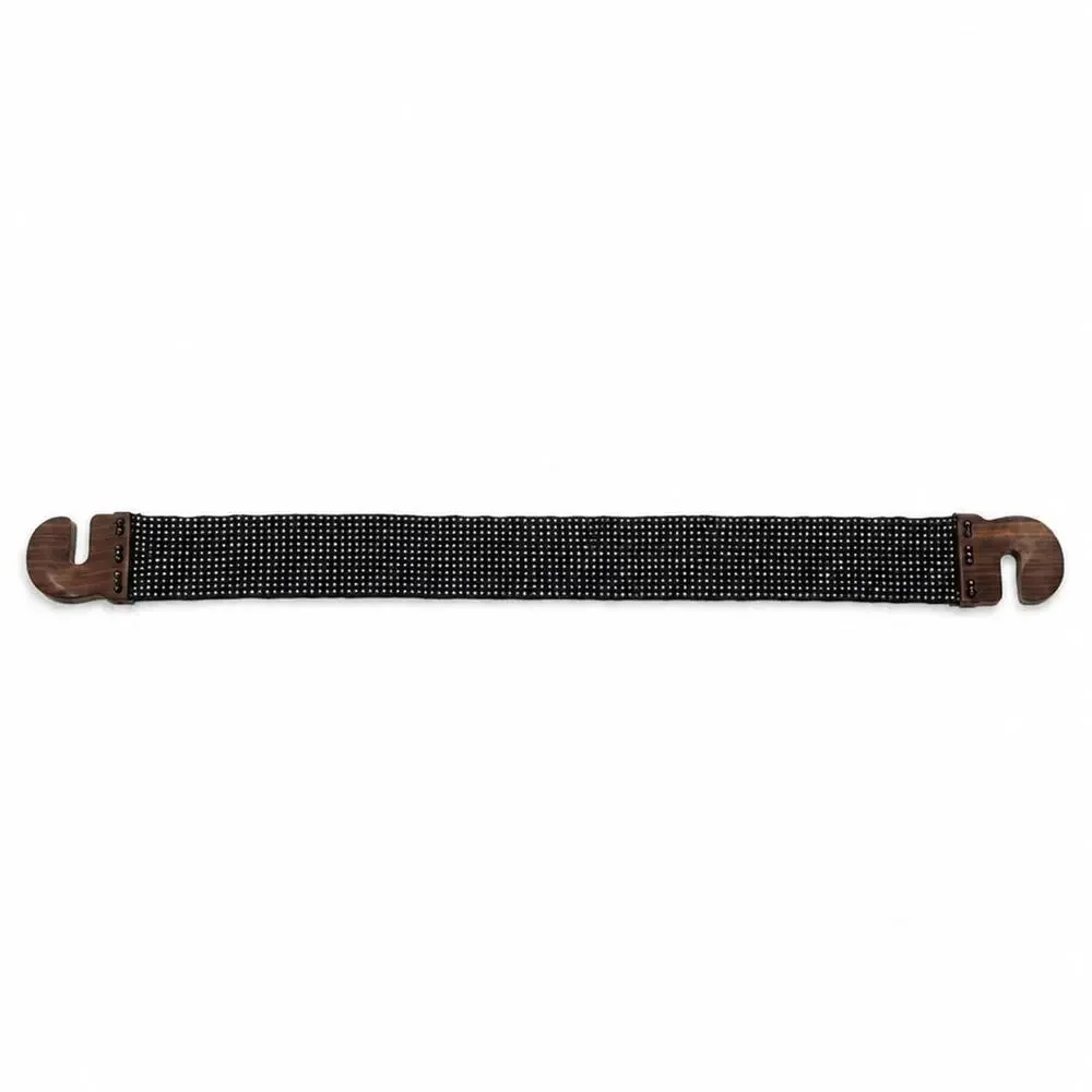 Vintage Black Beaded Stretch Belt Wooden Buckle Boho Resort Waist Belt